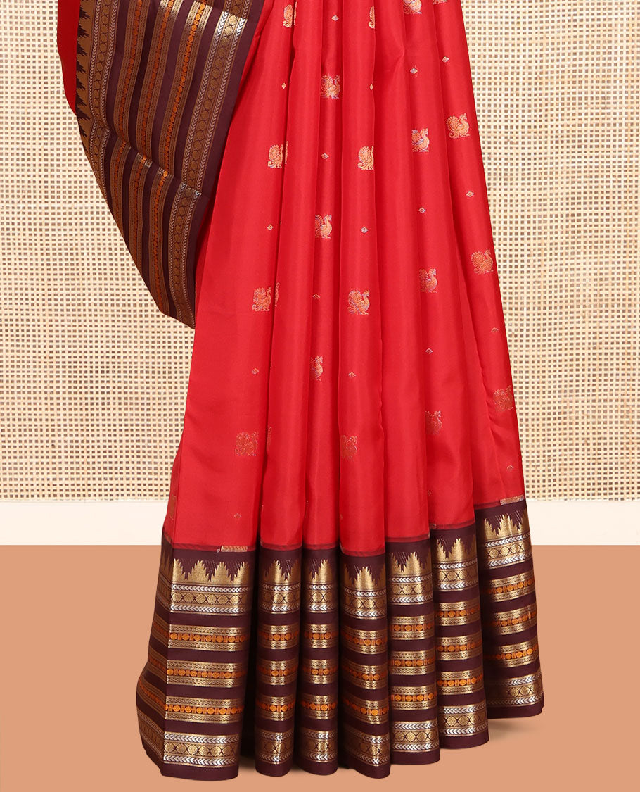 Red Vasundhara Lite Silk Mix Saree, Woven with Peacock Buttas, Contrast Border of Rekku, Kathir, Laddu Kamalam, Neli, and Poun Designs, Grand Pallu, and a Contrast Blouse