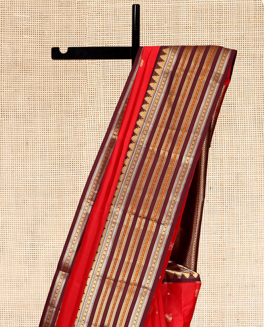 Red Vasundhara Lite Silk Mix Saree, Woven with Peacock Buttas, Contrast Border of Rekku, Kathir, Laddu Kamalam, Neli, and Poun Designs, Grand Pallu, and a Contrast Blouse