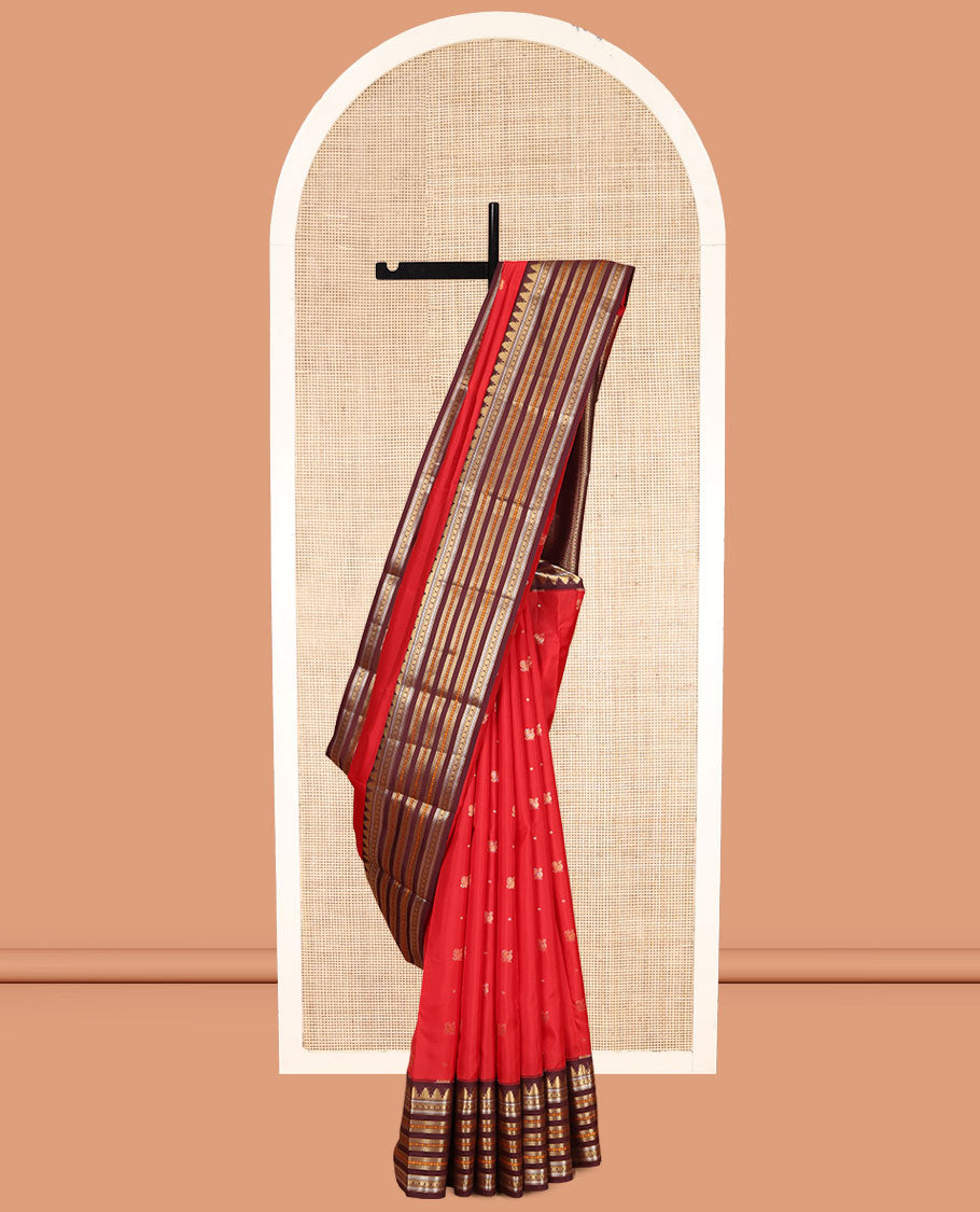 Red Vasundhara Lite Silk Mix Saree, Woven with Peacock Buttas, Contrast Border of Rekku, Kathir, Laddu Kamalam, Neli, and Poun Designs, Grand Pallu, and a Contrast Blouse