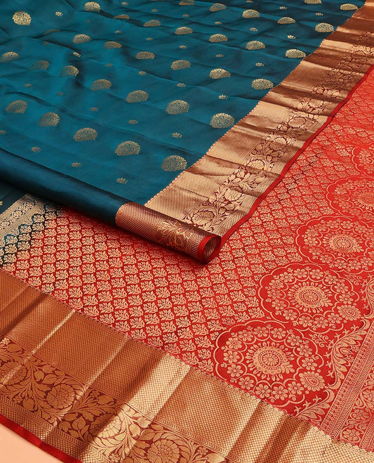 Blue Vasundhara Lite Silk Mix Saree Richly Detailed with Floral Zari Buttas, Complemented with a Contrast Border Featuring Salngai, Mayil Kann, Kathir, and Kodi Visiry Designs, Pallu Decked Up with Floral Designs, and Paired with a Contrast Blouse