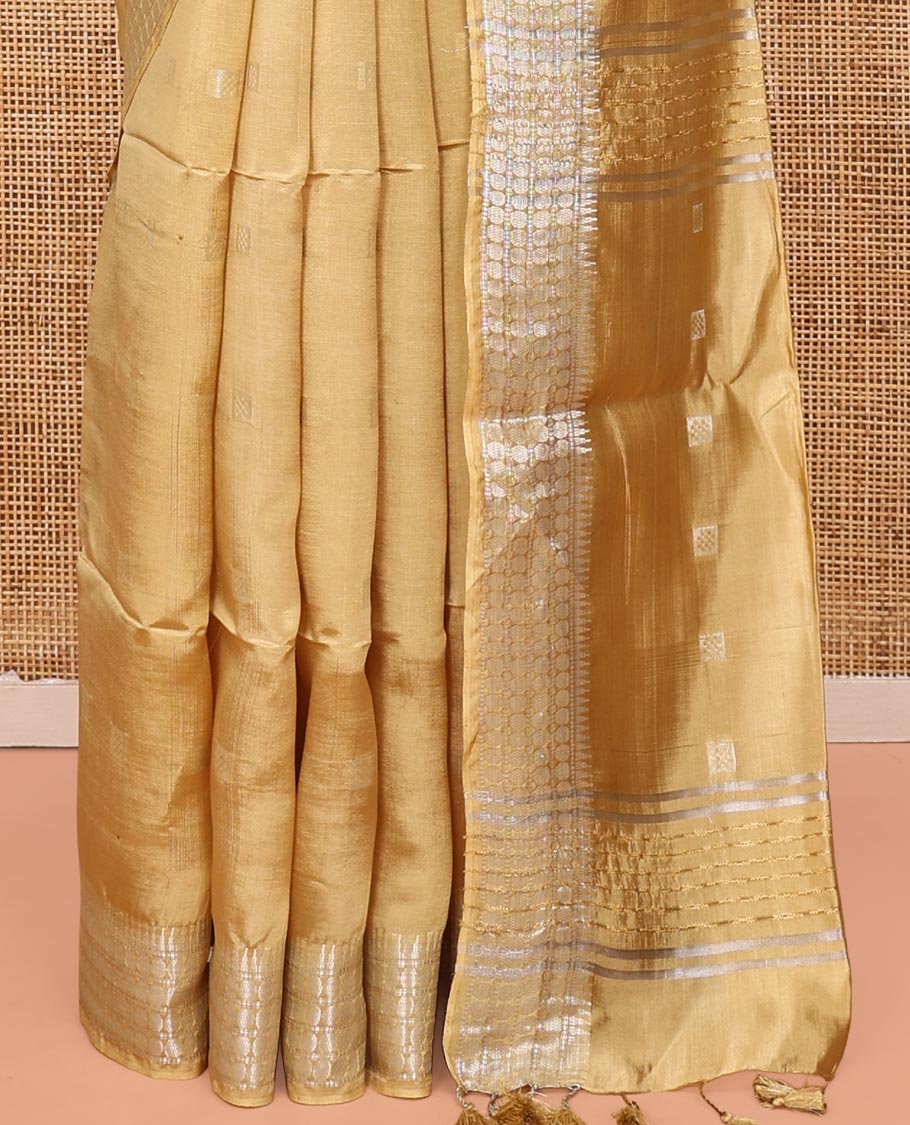 Sandal Banana Pith Saree, Subtly Woven with Square Buttas All Over Its Body, Subtle Traditional Border, Pallu of Buttas and Stripes, and Paired with a Matching Blouse