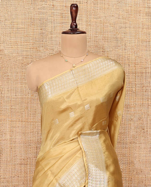 Sandal Banana Pith Saree, Subtly Woven with Square Buttas All Over Its Body, Subtle Traditional Border, Pallu of Buttas and Stripes, and Paired with a Matching Blouse