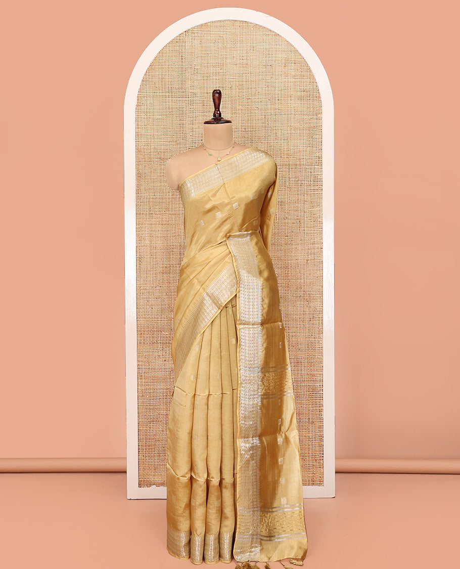 Sandal Banana Pith Saree, Subtly Woven with Square Buttas All Over Its Body, Subtle Traditional Border, Pallu of Buttas and Stripes, and Paired with a Matching Blouse
