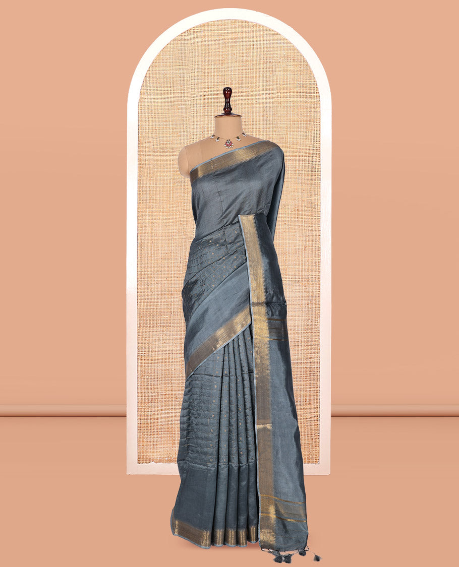 Grey Banana Pith Saree, Graced with Butta Enclosed Checks, a Temple Zari Border, Striped Pallu, and Matching Blouse