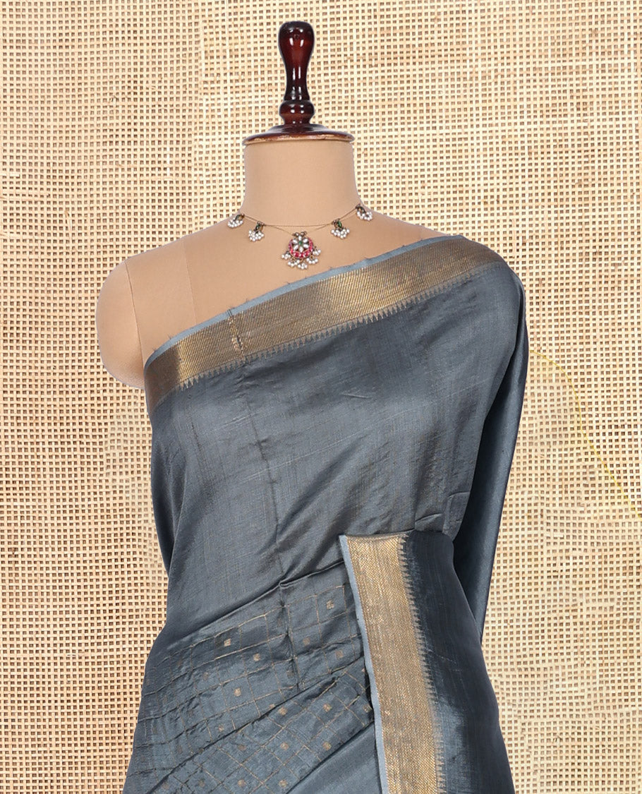 Grey Banana Pith Saree, Graced with Butta Enclosed Checks, a Temple Zari Border, Striped Pallu, and Matching Blouse