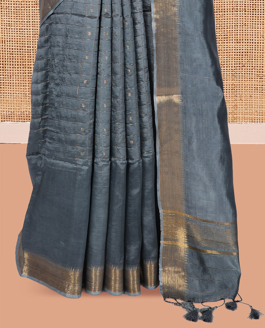 Grey Banana Pith Saree, Graced with Butta Enclosed Checks, a Temple Zari Border, Striped Pallu, and Matching Blouse
