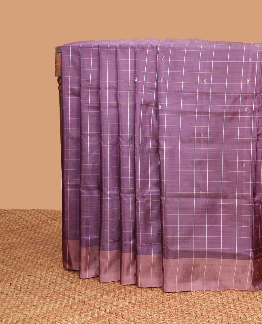 Purple checked, motifs banana pith saree with contrast striped border & striped, motifs pallu