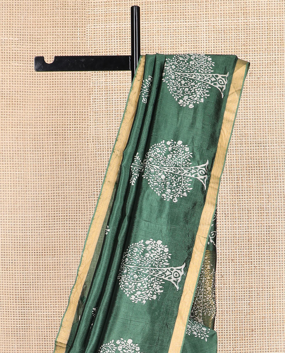 Green tree motifs printed banana pith saree, zari border, and floral printed pallu