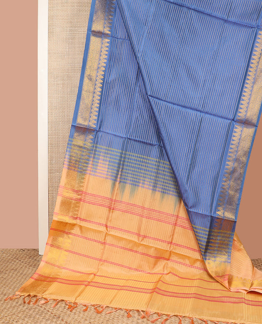 Blue zari striped banana pith saree, traditional zari border, and contrast pallu of stripes