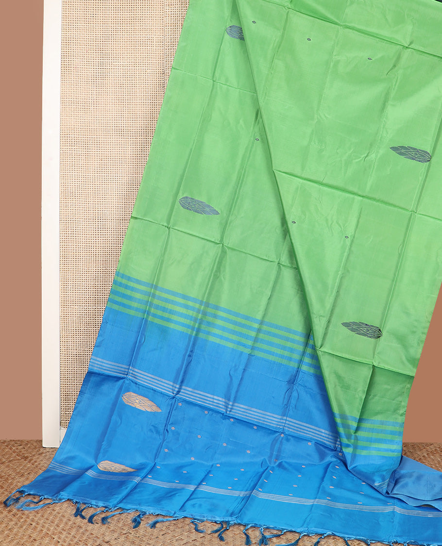 Borderless green buttas Banana pith saree, contrast pallu of stripes, and buttas