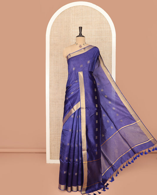 Blue Banana Pith Saree Spotlighted with Square Zari Buttas, Bavanji Border, Gleaming Zari Striped Pallu, and Paired with a Matching Plain Blouse