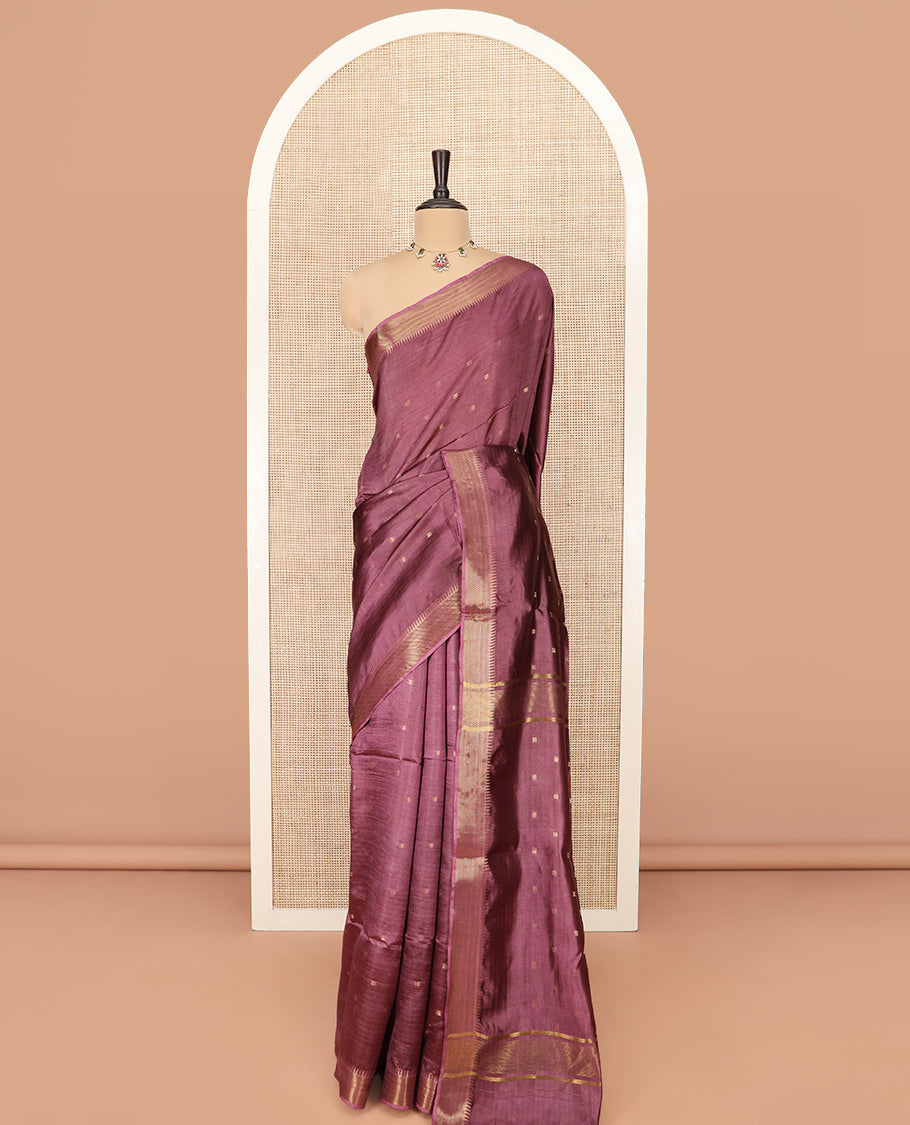 Brown Banana Pith Saree Graced with Zari Buttas, Temple Border of Zari Designs, Subtle Pallu of Zari Designs, and Paired with a Matching Blouse