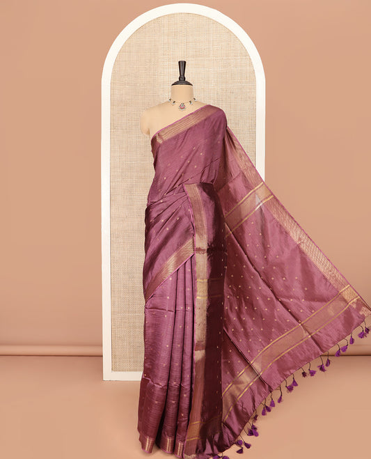 Brown Banana Pith Saree Graced with Zari Buttas, Temple Border of Zari Designs, Subtle Pallu of Zari Designs, and Paired with a Matching Blouse