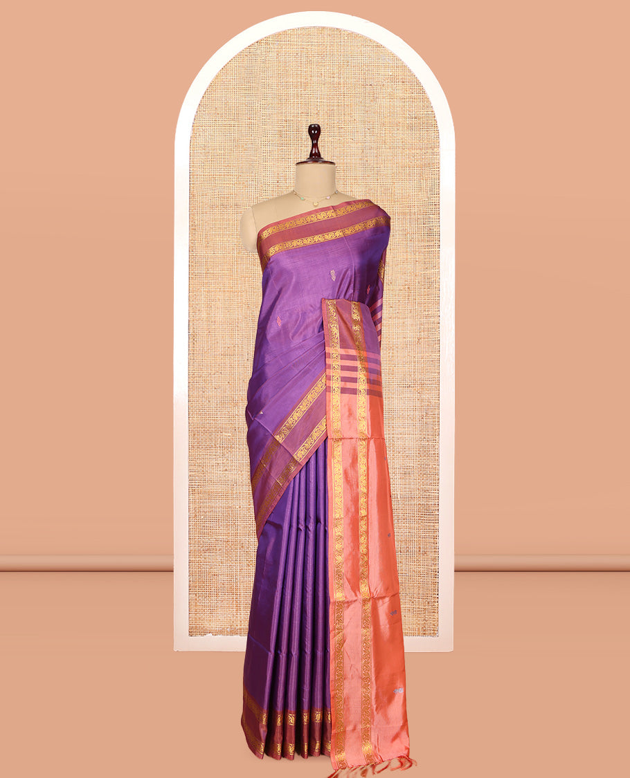 Purple Banana Pith Saree, Woven with Buttas, a Contrast Rettai Pettu Floral Design Border, Pallu of Buttas, and a Contrast Blouse