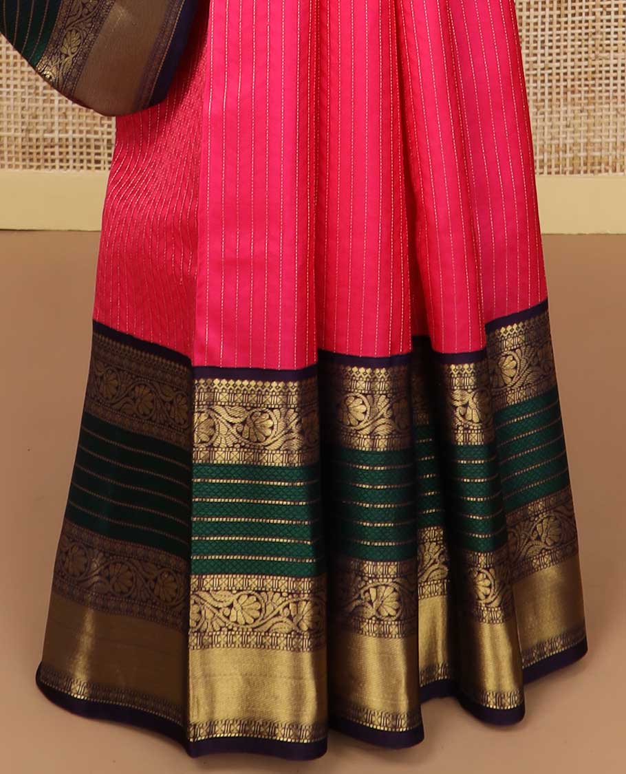 Pink striped silk saree with contrast floral zari design border & argyle design pallu