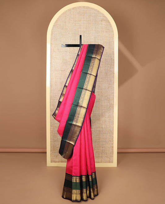 Pink striped silk saree with contrast floral zari design border & argyle design pallu