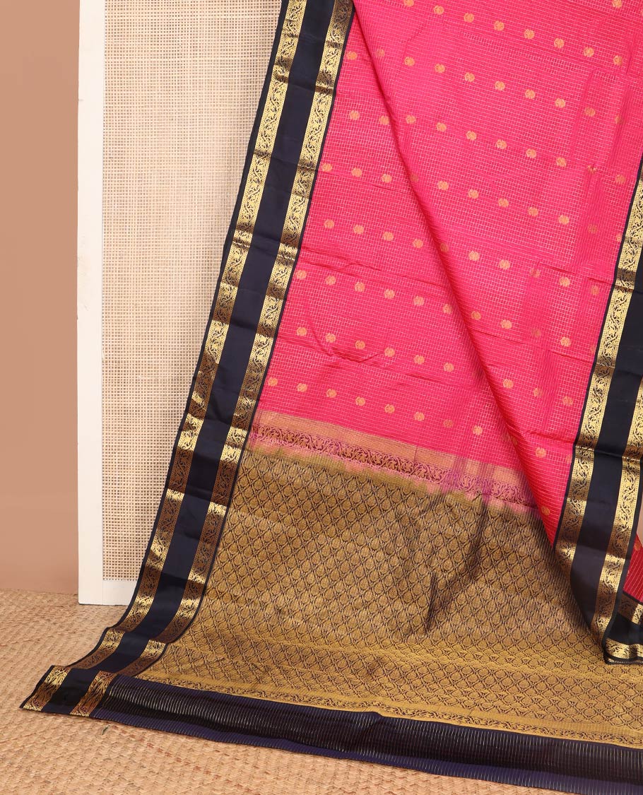 Pink checked, buttas silk saree with contrast rettai pettu zari design border & checked floral design pallu