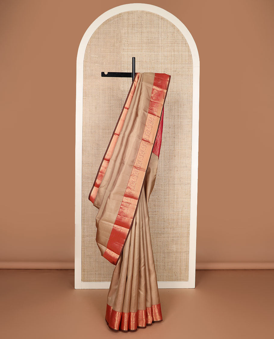 Pale brown zari striped silk saree, contrast border of mayil,kodi visiry & vanki & intricate pallu
