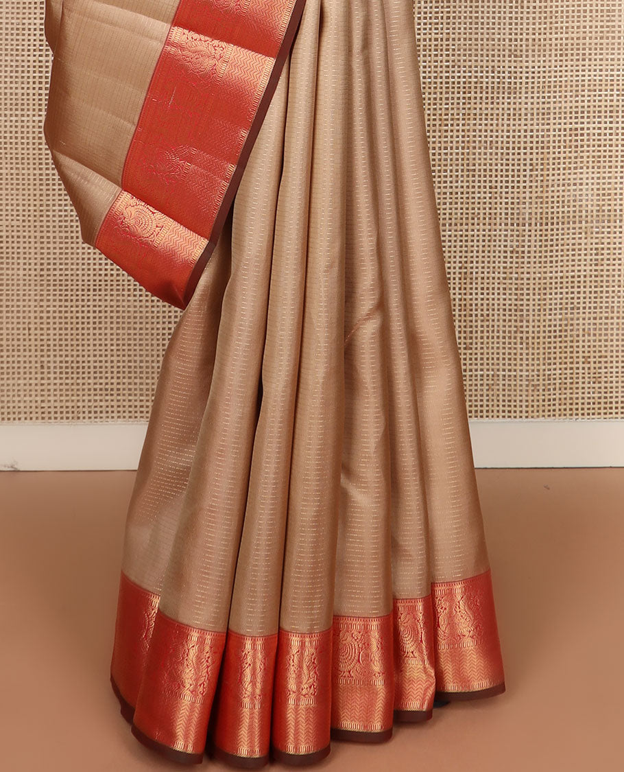 Pale brown zari striped silk saree, contrast border of mayil,kodi visiry & vanki & intricate pallu