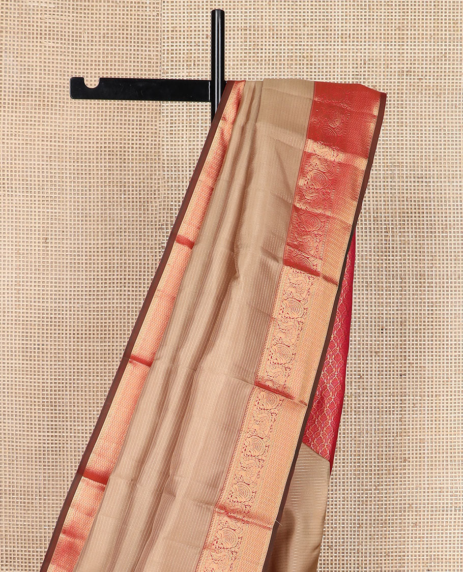 Pale brown zari striped silk saree, contrast border of mayil,kodi visiry & vanki & intricate pallu