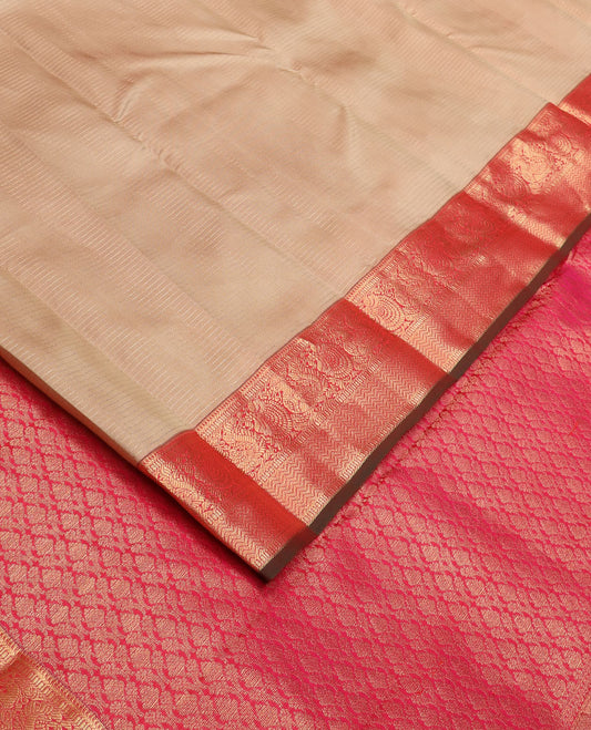 Pale brown zari striped silk saree, contrast border of mayil,kodi visiry & vanki & intricate pallu