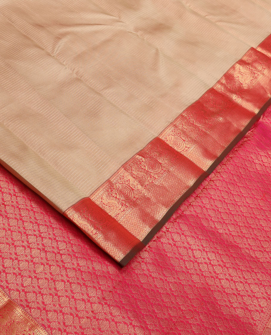 Pale brown zari striped silk saree, contrast border of mayil,kodi visiry & vanki & intricate pallu