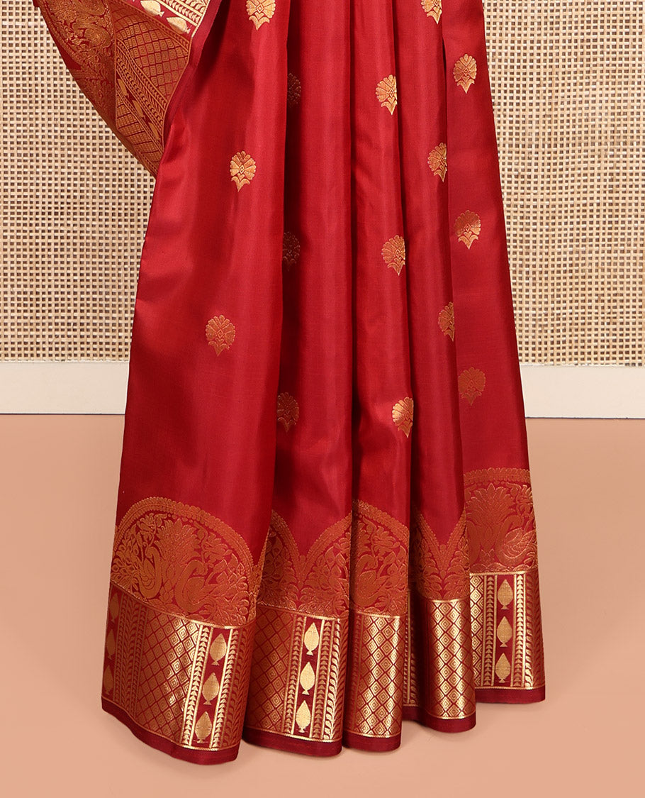 Red Vasundhara Silk Saree, Elevated with Zari Buttas, Scallop Traditional Zari Border, Jaal Pallu, and a Matching Blouse