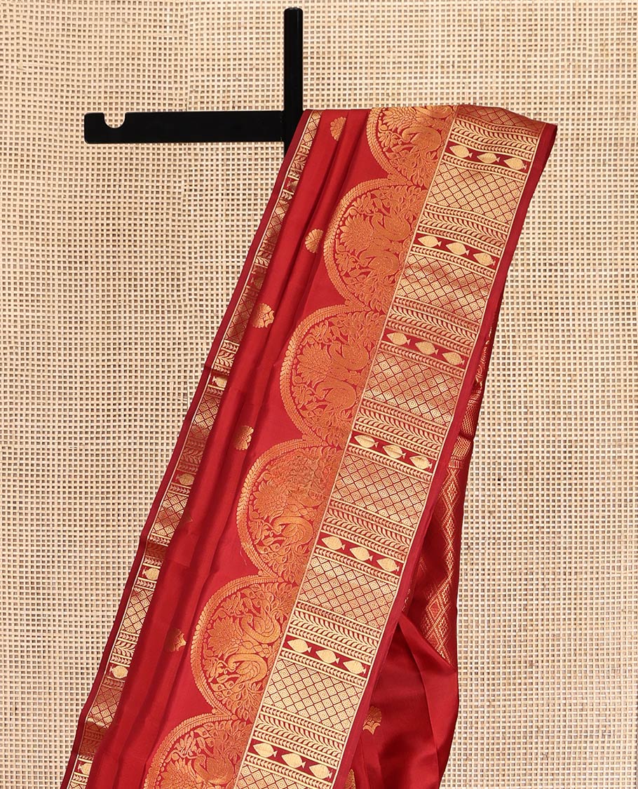 Red Vasundhara Silk Saree, Elevated with Zari Buttas, Scallop Traditional Zari Border, Jaal Pallu, and a Matching Blouse