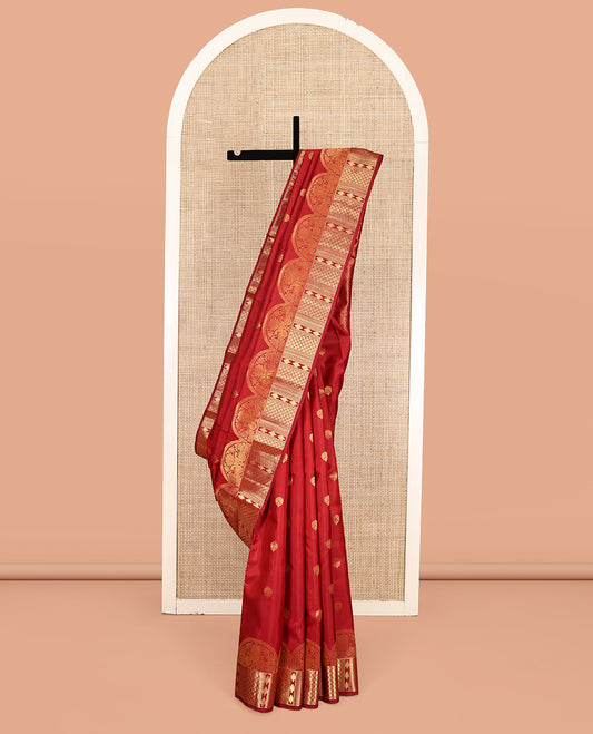 Red Vasundhara Silk Saree, Elevated with Zari Buttas, Scallop Traditional Zari Border, Jaal Pallu, and a Matching Blouse