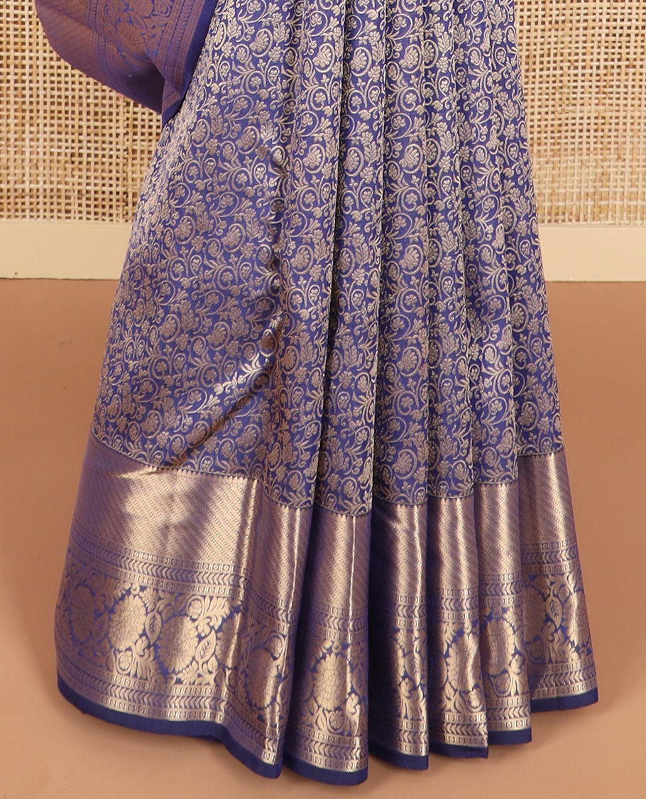 Blue floral design kancheepuram silk saree with self border of floral zari design border & floral design pallu