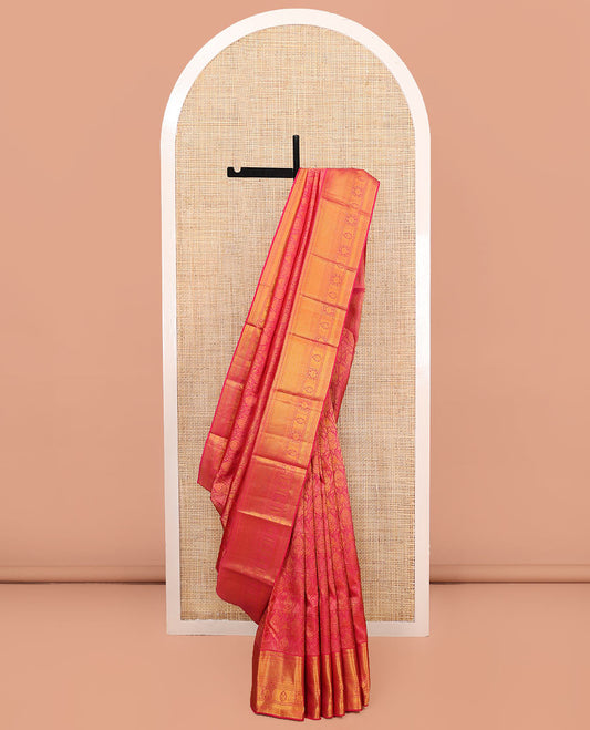 Pink Kanchipuram Wedding Silk Saree, Gracefully Embellished with Jacquard Design on Its Body, Highlighted by Zari Border of Kathir, Paiyaadi Kattam, Neli, and Zari Designs, Majestically Detailed Pallu, and Paired with a Matching Blouse