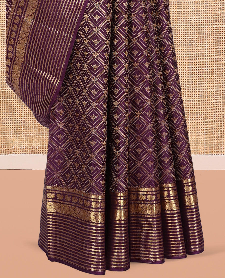 Purple Kanchipuram Wedding Silk Saree, Artfully Detailed with Jaal Jacquard Design, a Self-Border of Manga, Mayil, Poun, and Neli, Grand Pallu, and a Matching Blouse