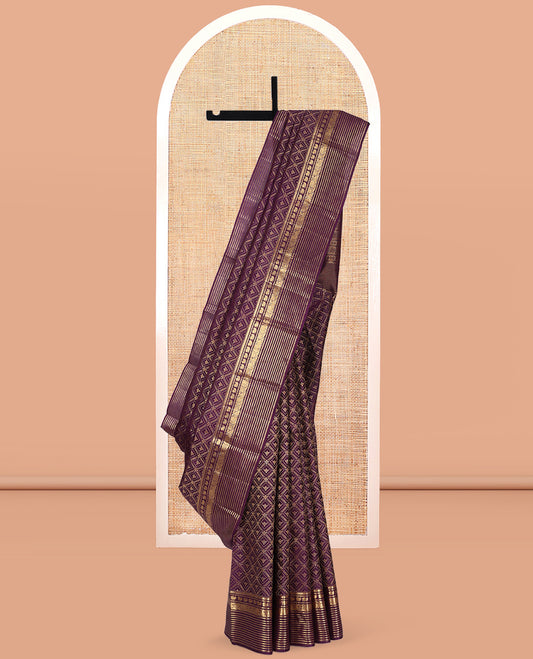 Purple Kanchipuram Wedding Silk Saree, Artfully Detailed with Jaal Jacquard Design, a Self-Border of Manga, Mayil, Poun, and Neli, Grand Pallu, and a Matching Blouse