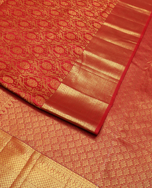 Red jacquard Kanchipuram wedding silk saree, zari border of thilakam mokku, rudraksham, and jaal designs, and ogee patterned pallu