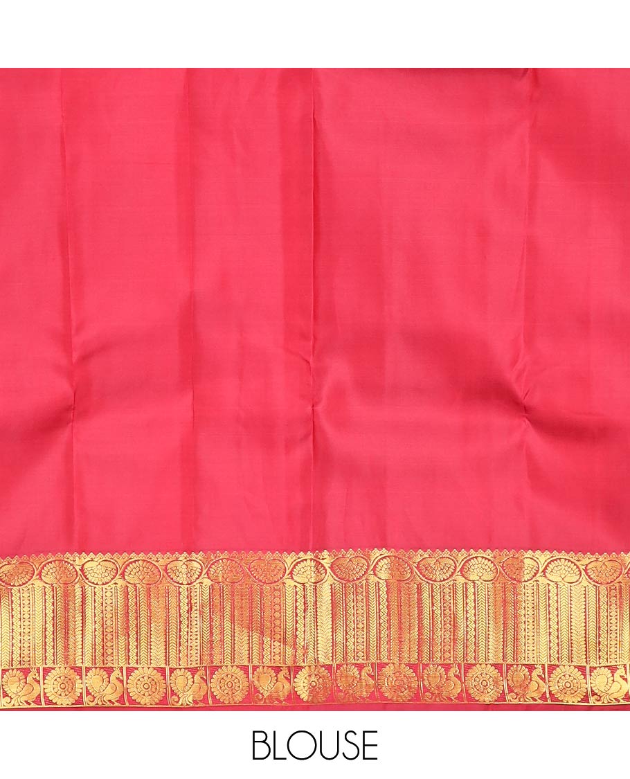 Light maroon jacquard Kanchipuram wedding silk saree, zari border of dhavana kodi, kathir, and mayil chakram, and ogee patterned pallu