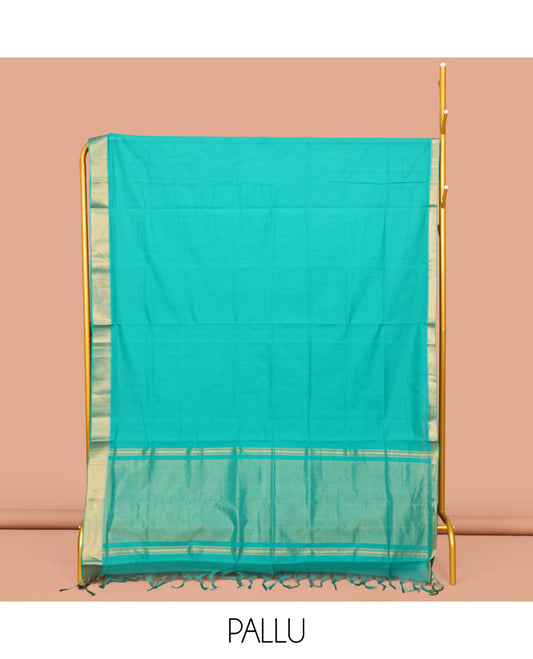 Green Sparsely Striped Mangalgiri Cotton Saree, Highlighted by a Zari Border, Gleaming Zari-Striped Pallu, and Paired with a Matching Blouse