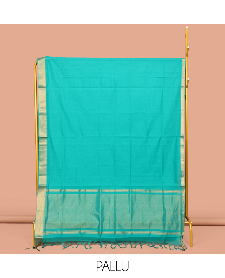 Green Sparsely Striped Mangalgiri Cotton Saree, Highlighted by a Zari Border, Gleaming Zari-Striped Pallu, and Paired with a Matching Blouse