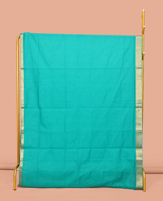 Green Sparsely Striped Mangalgiri Cotton Saree, Highlighted by a Zari Border, Gleaming Zari-Striped Pallu, and Paired with a Matching Blouse
