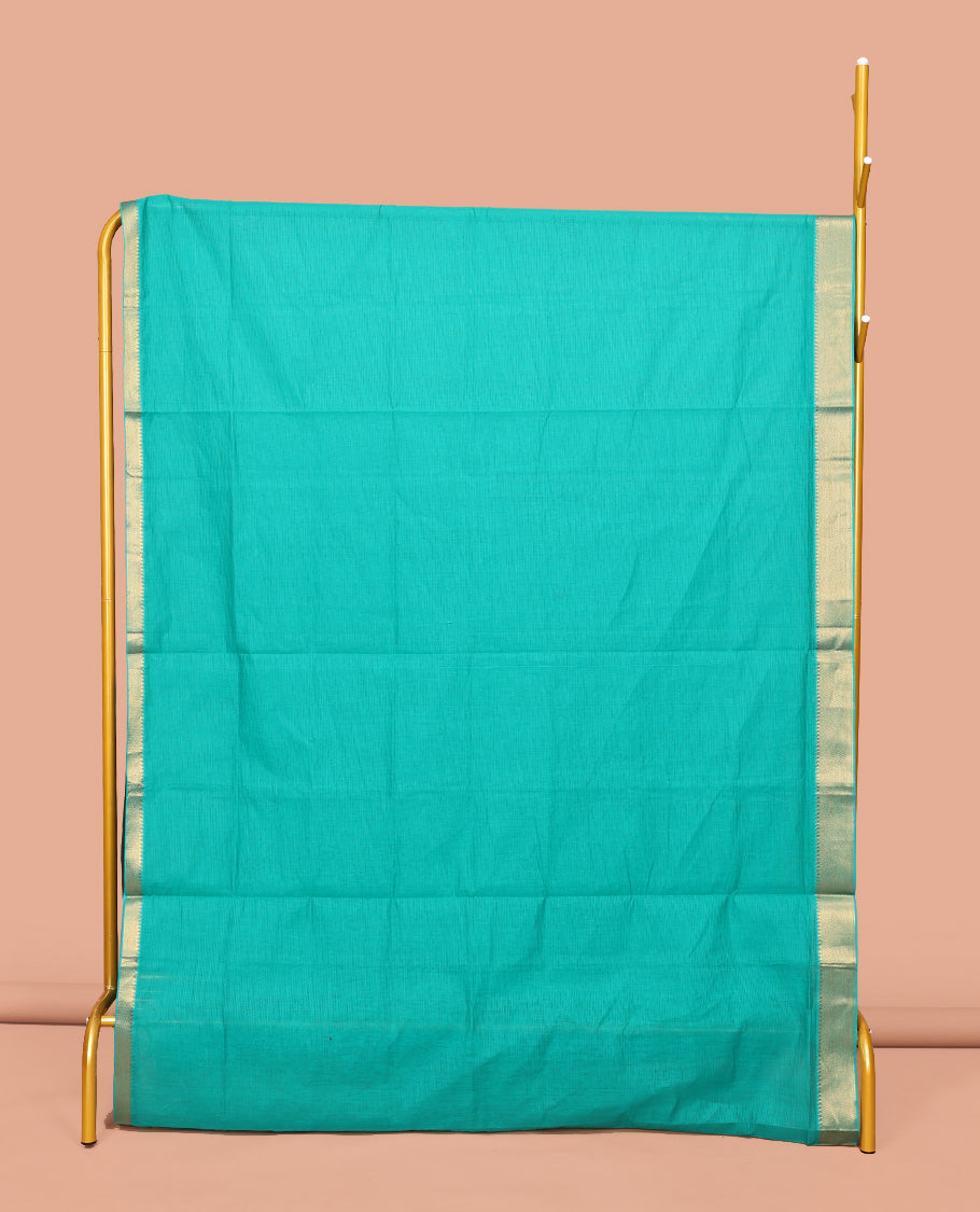 Green Sparsely Striped Mangalgiri Cotton Saree, Highlighted by a Zari Border, Gleaming Zari-Striped Pallu, and Paired with a Matching Blouse
