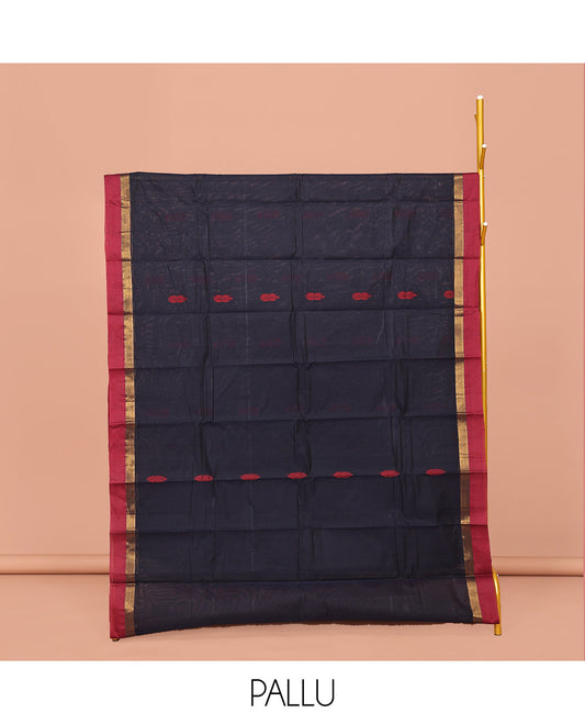 Black Kanchi Cotton Saree, Elevated with Buttas All Over Its Body, Complemented by Contrast Border, Floral Design Pallu and Paired with a Matching Blouse