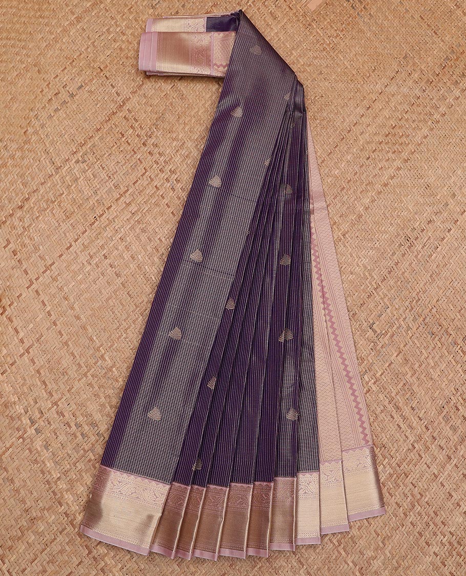 Blue micro-checked and zari buttas gift saree, contrast traditional zari design border, and intricate pallu