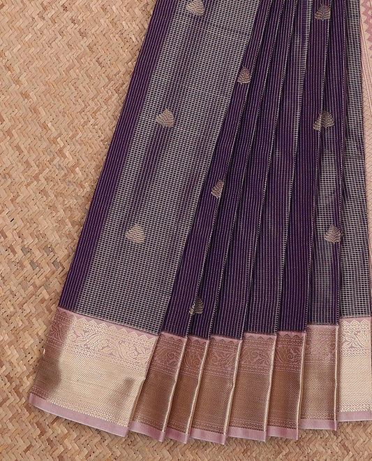 Blue micro-checked and zari buttas gift saree, contrast traditional zari design border, and intricate pallu