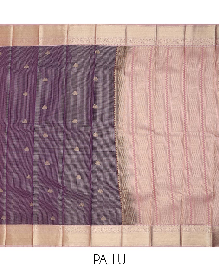 Blue micro-checked and zari buttas gift saree, contrast traditional zari design border, and intricate pallu