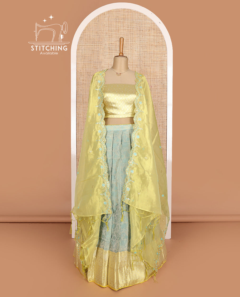 Pastel grey art silk half-saree, floral vine with contrast traditional border skirt, brocade blouse, scallop thread embroidered dhavani, and detachable belt