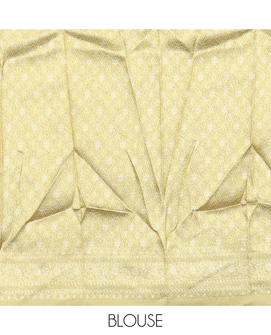 Pastel green art silk half-saree, floral vine with contrast traditional border skirt, brocade blouse, scallop embroidered dhavani, and detachable belt