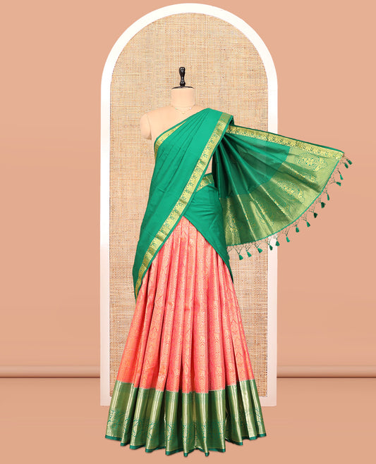 Orange Art Silk Material Half Saree Set, Accentuated with Jacquard Skirt, a Contrast Traditional Zari Design Border, Contrast Blouse, and Zari Designs Dhavani
