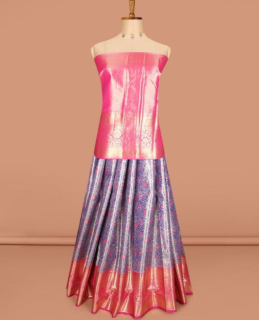 Blue floral jacquard art silk half-saree, contrast zari design dhavani, zari border & blouse of traditional designs
