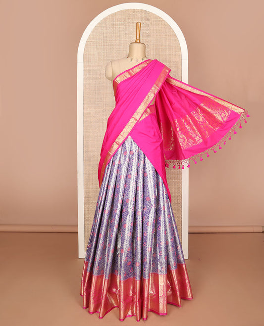 Blue floral jacquard art silk half-saree, contrast zari design dhavani, zari border & blouse of traditional designs