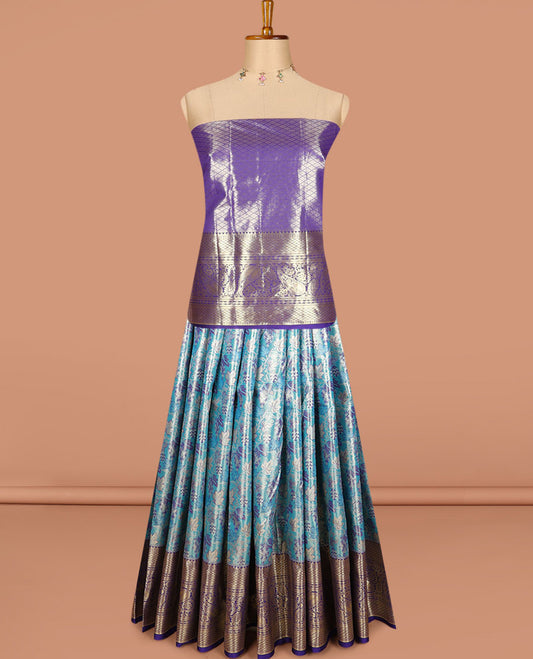 Blue art silk half saree, floral jacquard with contrast traditional zari border skirt, jacquard contrast blouse, and manga design dhavani