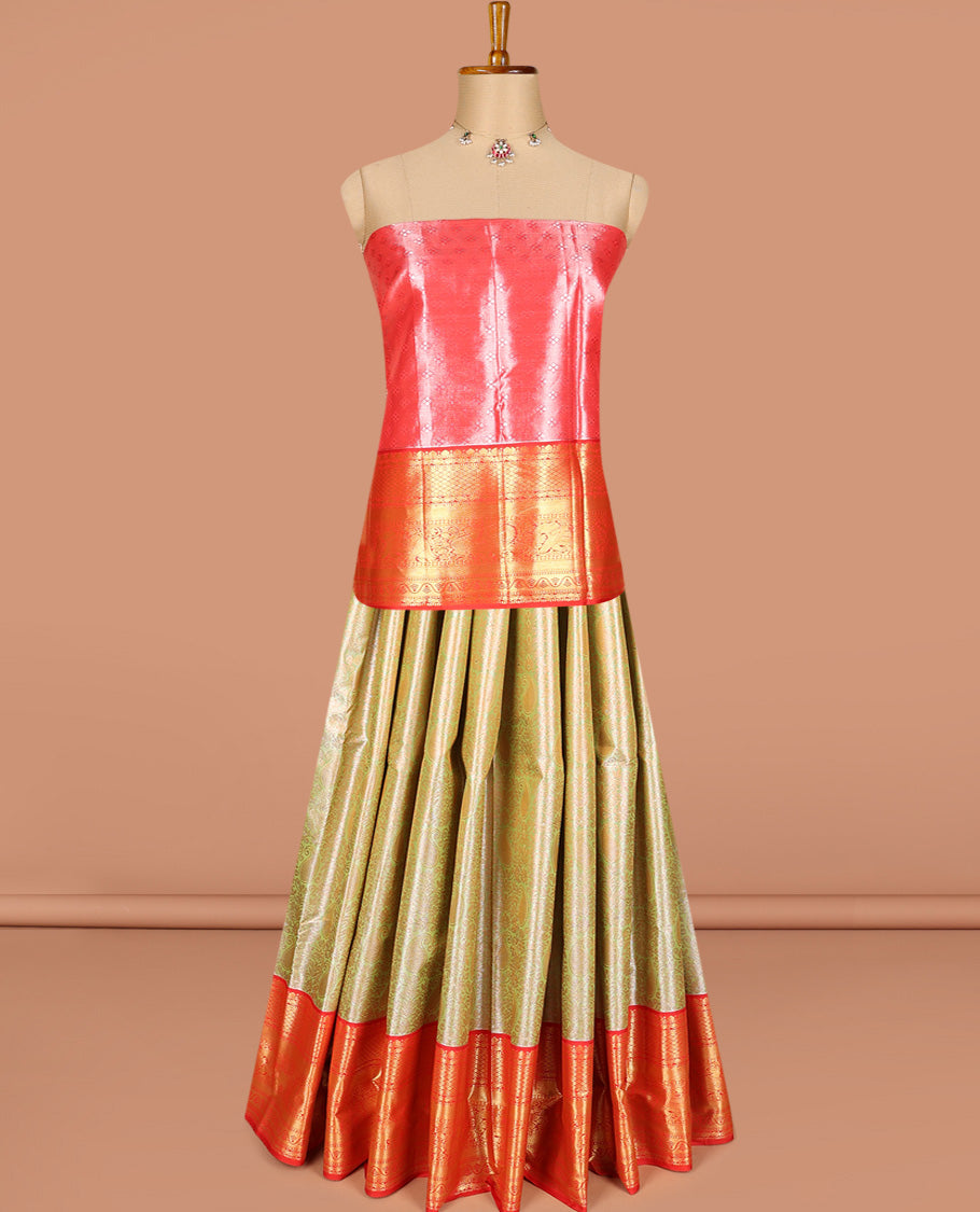 Green art silk half-saree pavadai material, jacquard with contrast traditional border skirt, jacquard blouse, and zari design dhavani